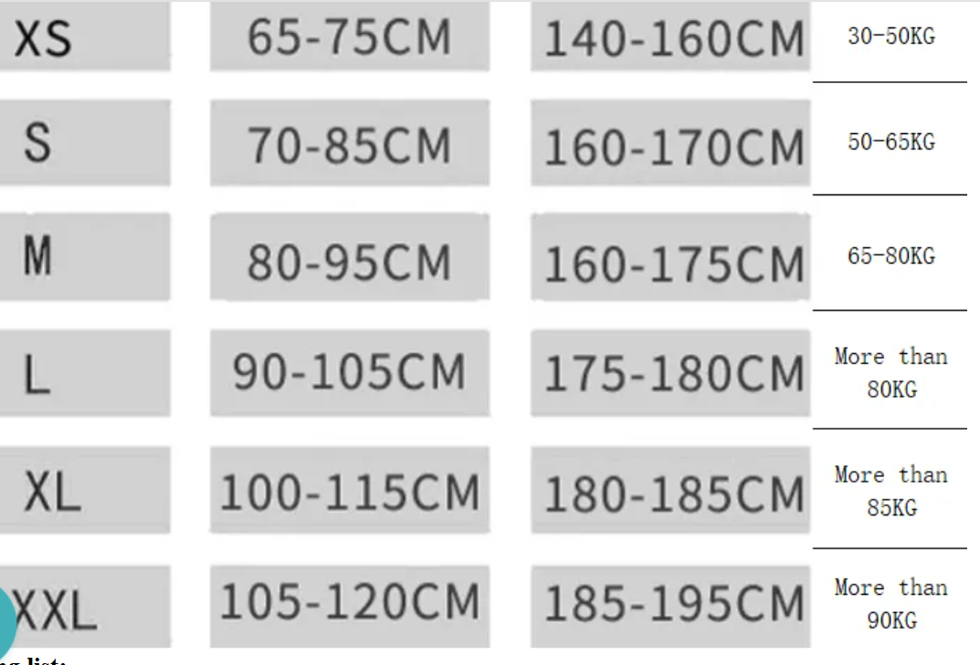 Posture Support Belt size chart – available sizes and measurement guide