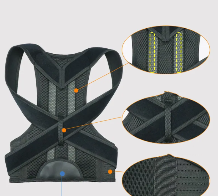 Posture Support Belt product set – black adjustable shoulder and back strap with accessories