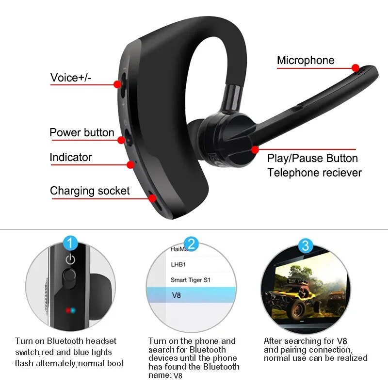 Bluetooth Earpiece product overview – all included accessories and spec sheet