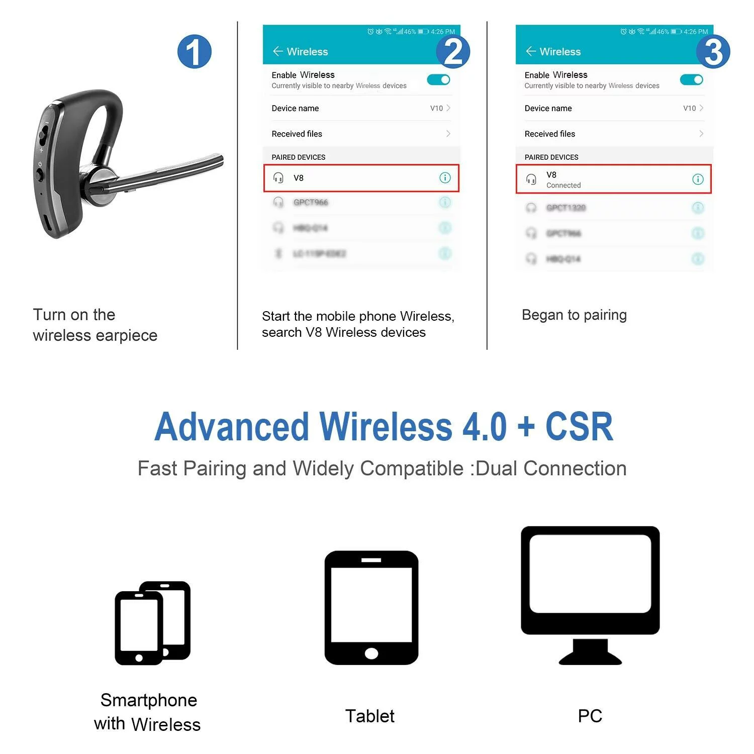 Bluetooth Earpiece device compatibility chart – works with phone, tablet, and laptop