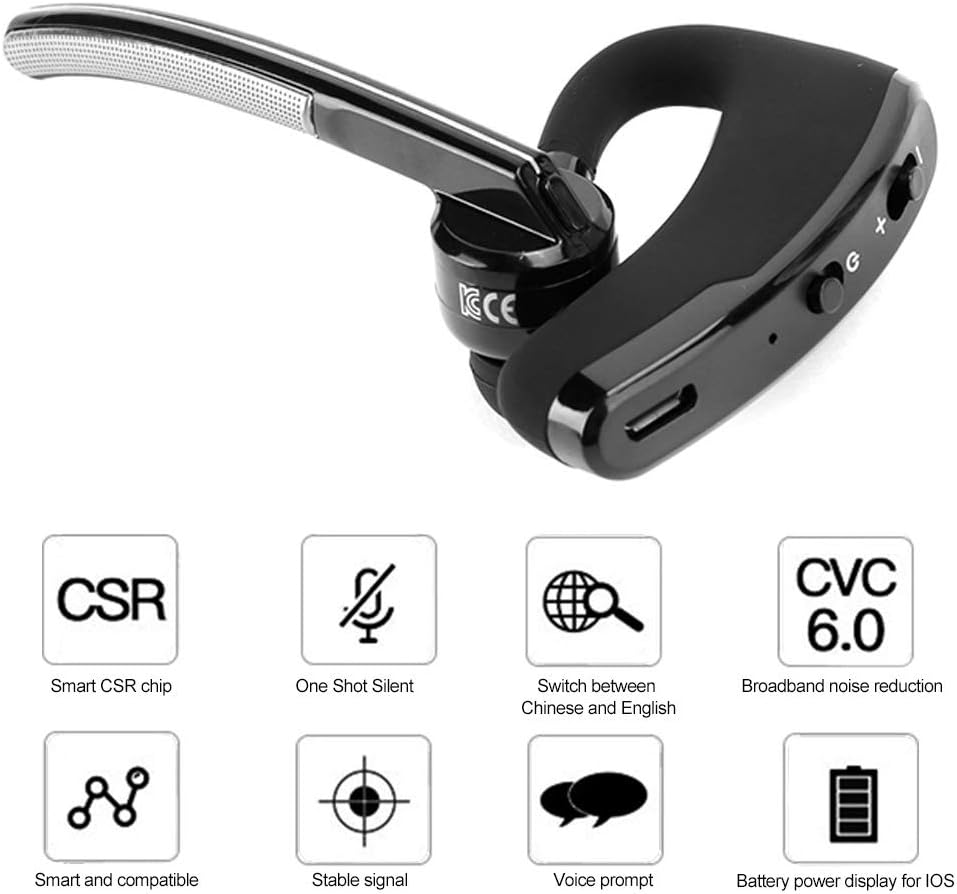 Bluetooth Earpiece feature chart – noise cancelling specs and button layout